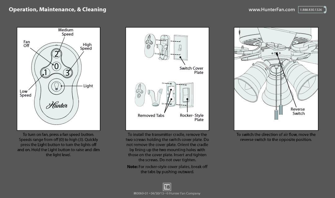 Hunter Fan 53115, 53114, 53116, 53117 operation manual Operation, Maintenance, & Cleaning, Reverse, Switch 