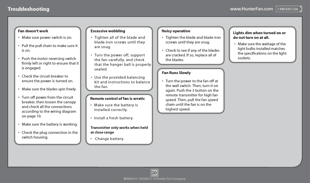 Hunter Fan 53114, 53116, 53115, 53117 operation manual Troubleshooting, Change battery 