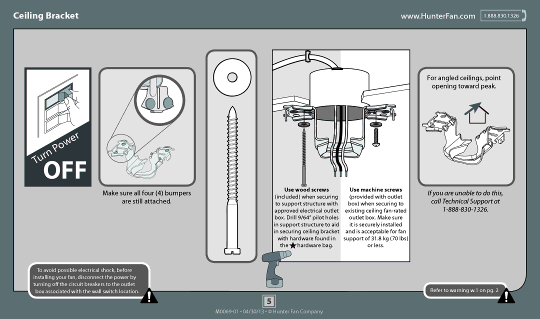 Hunter Fan 53116, 53114, 53115, 53117 operation manual Ceiling Bracket, Make sure all four 4 bumpers Are still attached 