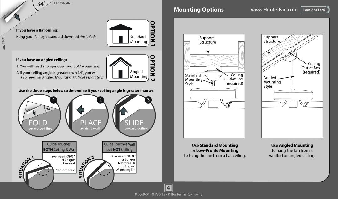 Hunter Fan 53114 Mounting Options, Fold Place Slide, Use Standard Mounting or Low-ProfileMounting, Use Angled Mounting 