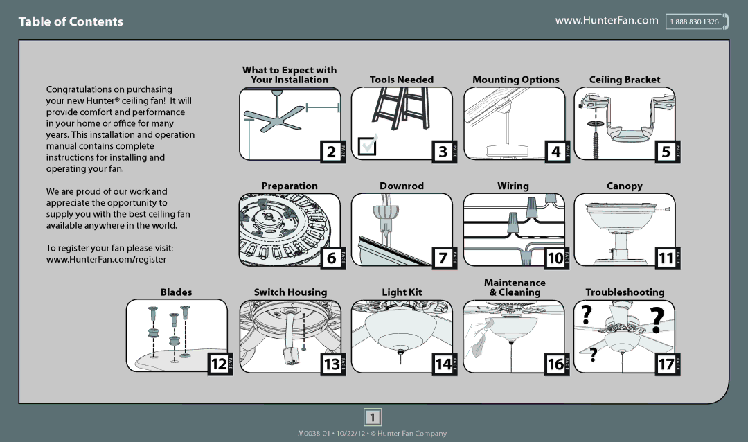 Hunter Fan 53134, 53127, 53122, 53126, 53125 operation manual ? ?, Table of Contents 