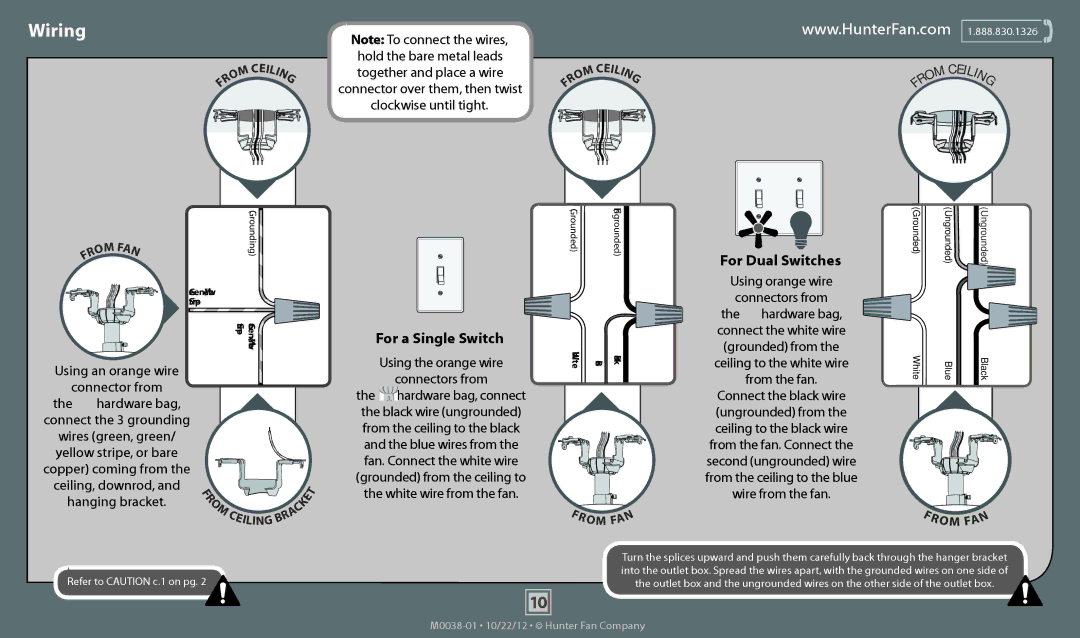 Hunter Fan 53127, 53134, 53122, 53126, 53125 operation manual Wiring, For a Single Switch, For Dual Switches 