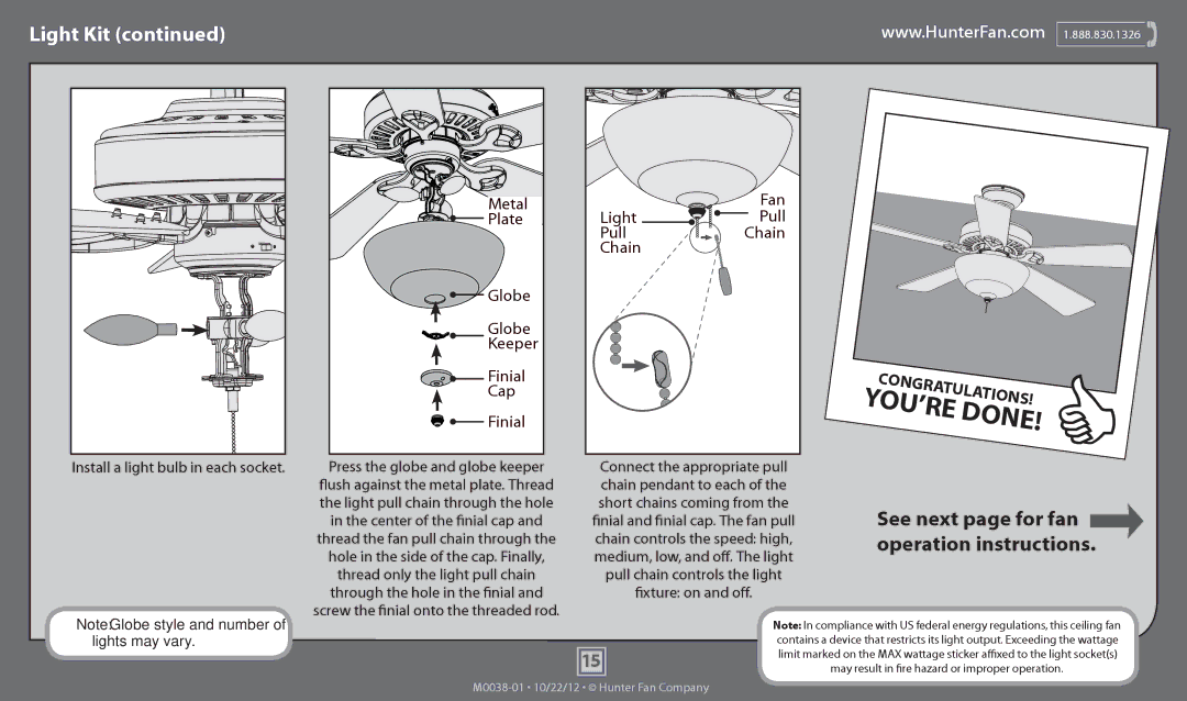 Hunter Fan 53127, 53134, 53122, 53126, 53125 operation manual Install a light bulb in each socket, Keeper, Chain 