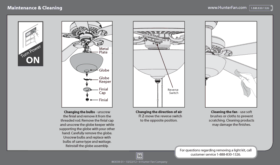 Hunter Fan 53134, 53127, 53122, 53126, 53125 operation manual Maintenance & Cleaning, Customer service 