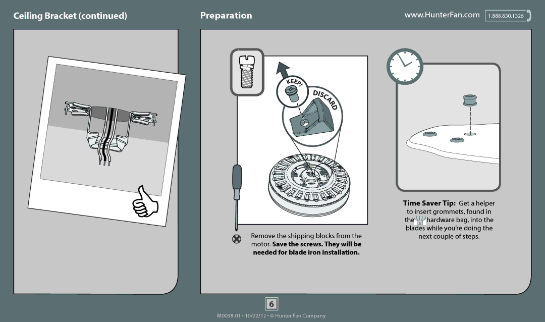 Hunter Fan 53134, 53127, 53122, 53126, 53125 operation manual Ceiling Bracket Preparation, Remove the shipping blocks from 