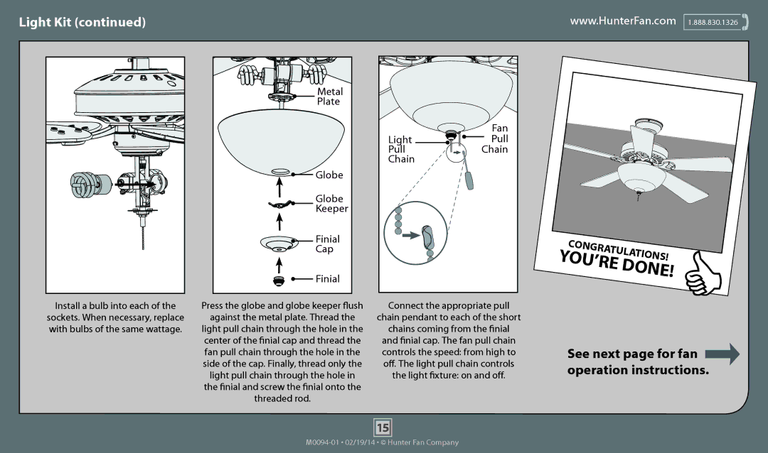 Hunter Fan 53172, 53173, 53175, 53177, 53171, 53176 operation manual Install a bulb into each, Keeper, Chain 