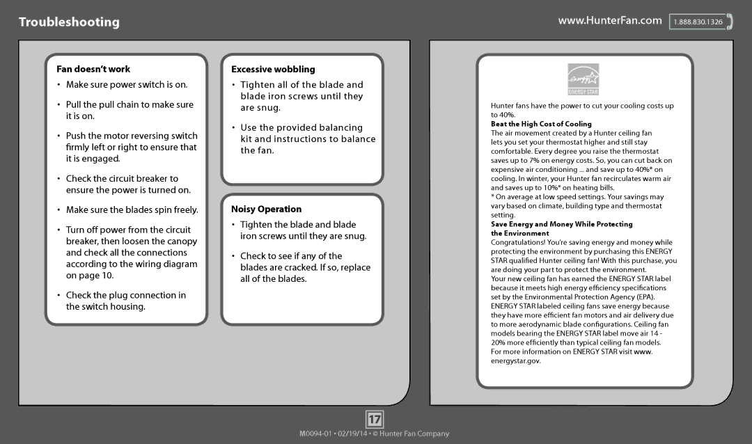 Hunter Fan 53176, 53173, 53175, 53177, 53172, 53171 operation manual Troubleshooting, Fan doesn’t work 