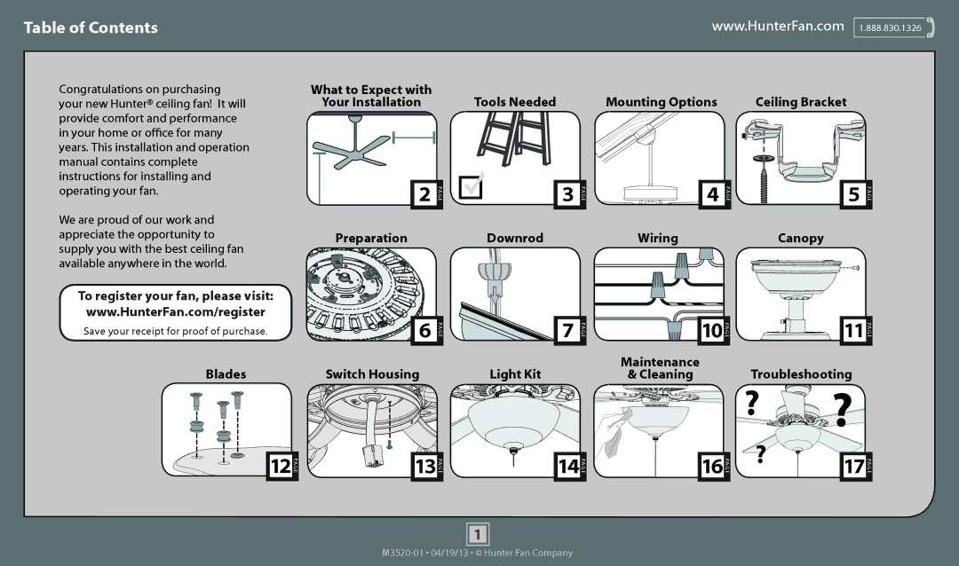 Hunter Fan 53238, 53249, 53242, 53202, 53200, 53243, 53241, 53240 operation manual ? ?, Table of Contents 