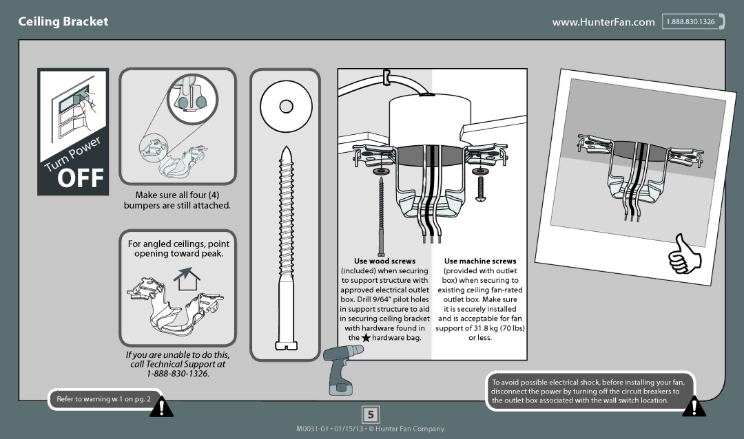 Hunter Fan 53251, 53253, 53255, 53250 operation manual Off, Ceiling Bracket 