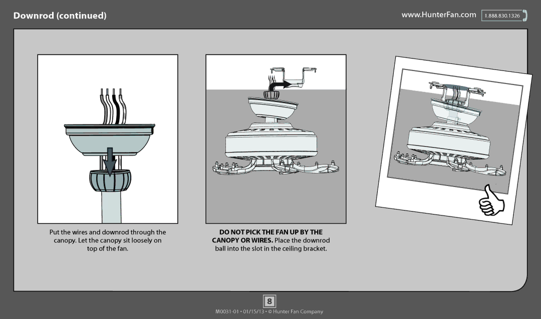 Hunter Fan 53253, 53251, 53255, 53250 operation manual Put the wires and downrod through, Top of the fan 