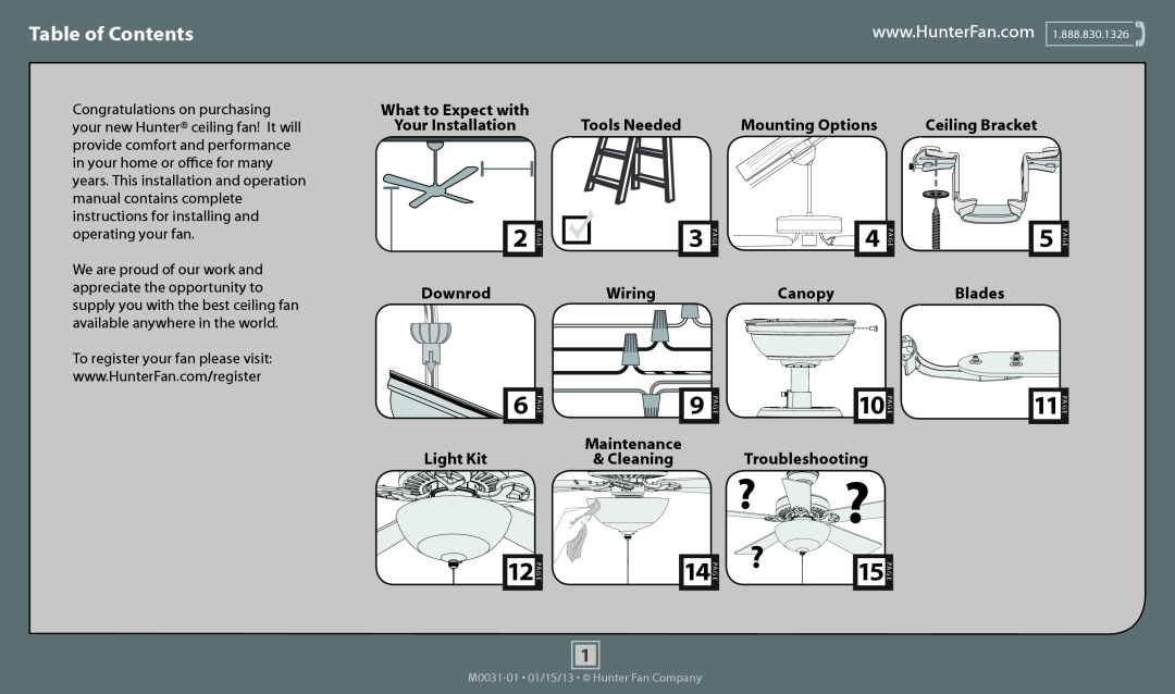 Hunter Fan 53251 operation manual Table of Contents, Canopy, Light Kit, Maintenance & Cleaning, Troubleshooting, Ladder3 