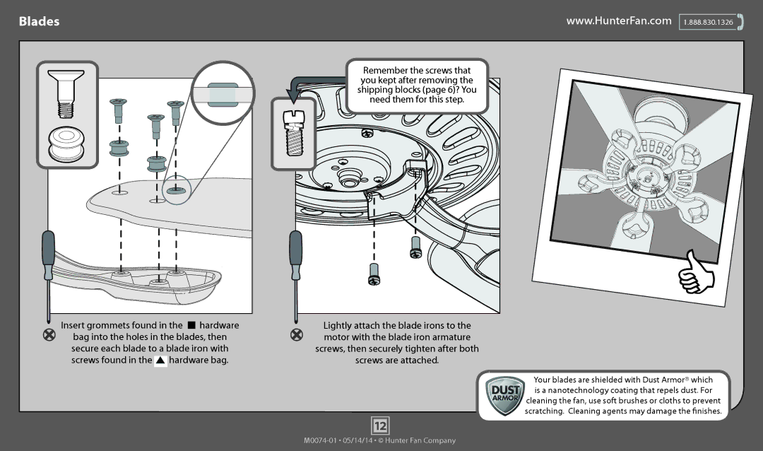 Hunter Fan 54017, 54015, 54016, 54018, 54014 operation manual Blades 