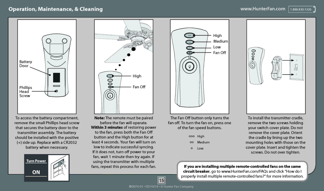 Hunter Fan 54015, 54016, 54017, 54018, 54014 Operation, Maintenance, & Cleaning, Battery Door Phillips Head Screw, High 