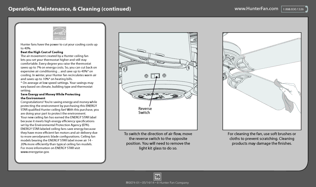 Hunter Fan 54016, 54015, 54017, 54018, 54014 operation manual Switch, Beat the High Cost of Cooling 