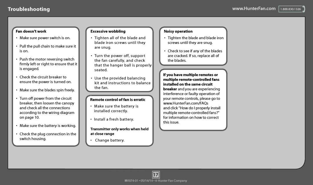 Hunter Fan 54017, 54015, 54016, 54018, 54014 operation manual Troubleshooting, Change battery 