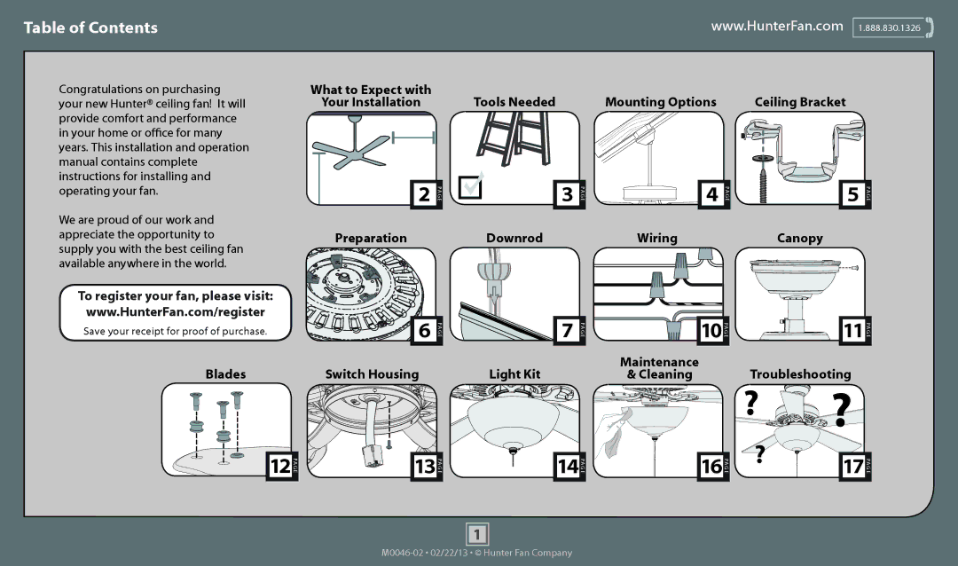 Hunter Fan 54097, 54098, 54091, 54061, 54094, 54062, 54095, 54092 operation manual ? ?, Table of Contents 