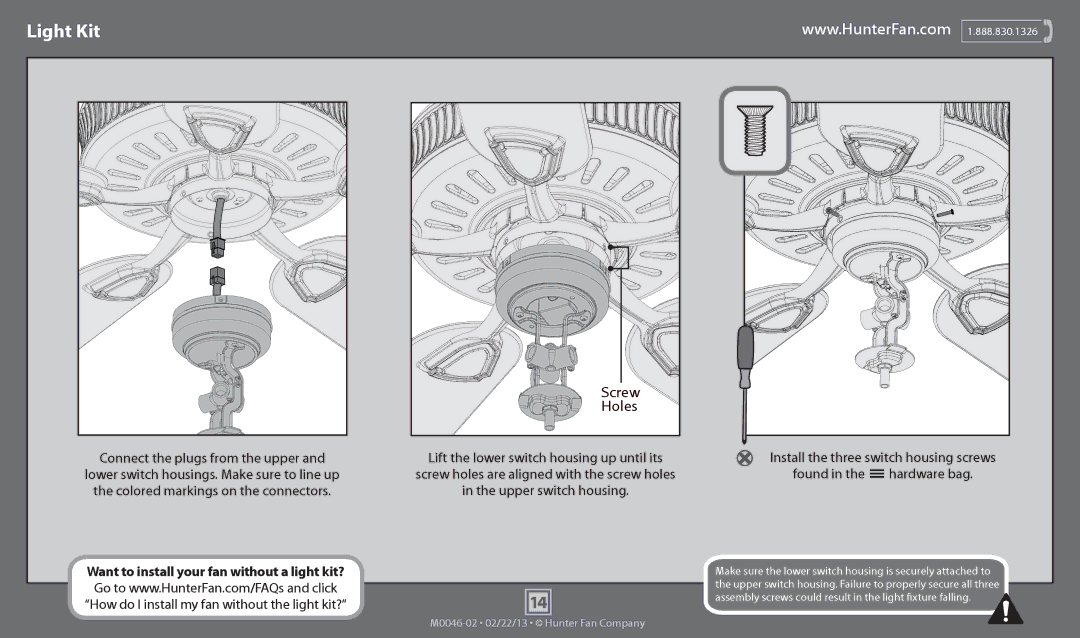 Hunter Fan 54095, 54098, 54097, 54091, 54061, 54094, 54062, 54092 operation manual Light Kit, Screw Holes 