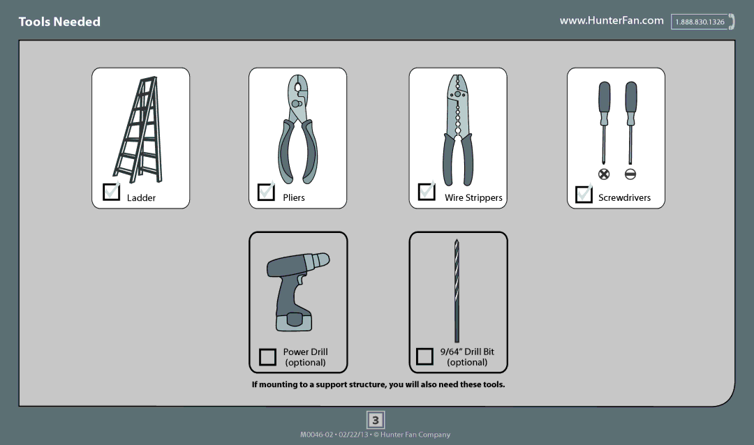 Hunter Fan 54061, 54098, 54097, 54091, 54094, 54062, 54095, 54092 operation manual Tools Needed 