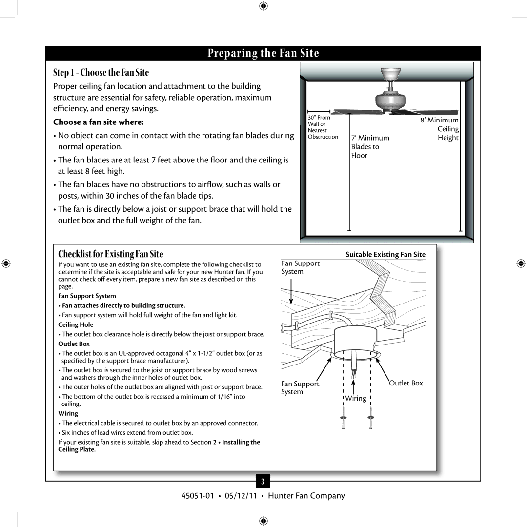 Hunter Fan 7 Preparing the Fan Site, Choose the Fan Site, Checklist for Existing Fan Site, Choose a fan site where 