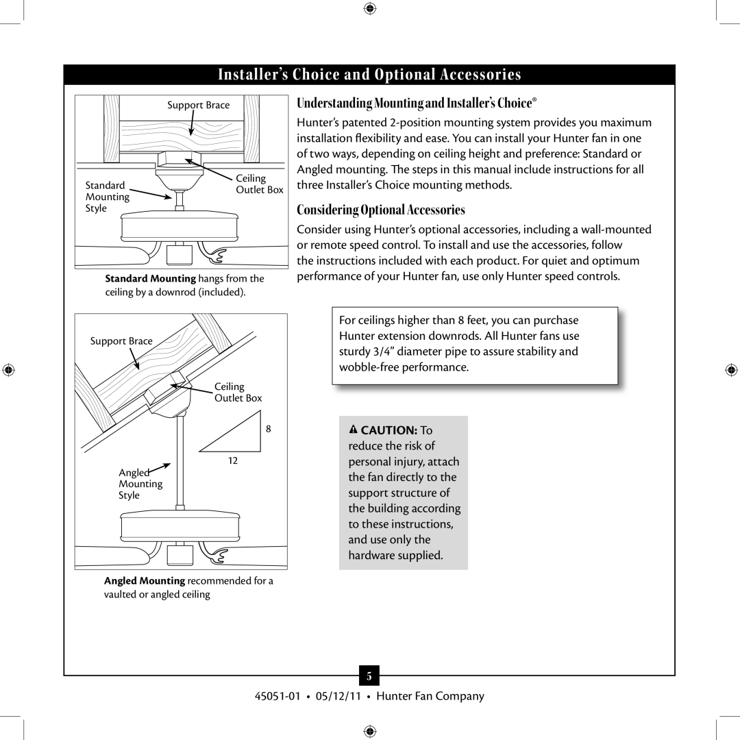 Hunter Fan 7 installation manual Installer’s Choice and Optional Accessories, Understanding Mounting and Installer’s Choice 