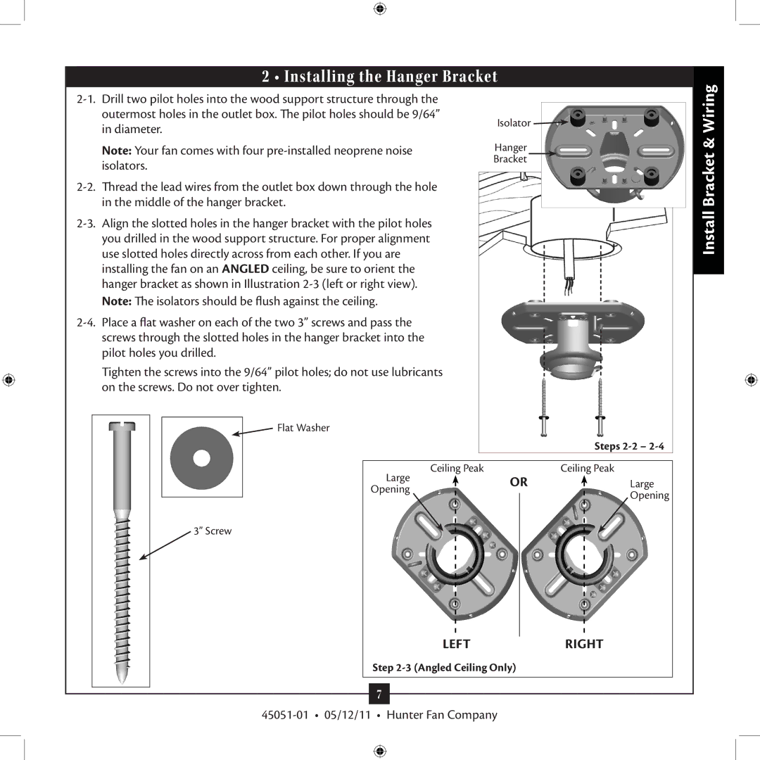 Hunter Fan 7 installation manual Installing the Hanger Bracket, Install Bracket & Wiring 