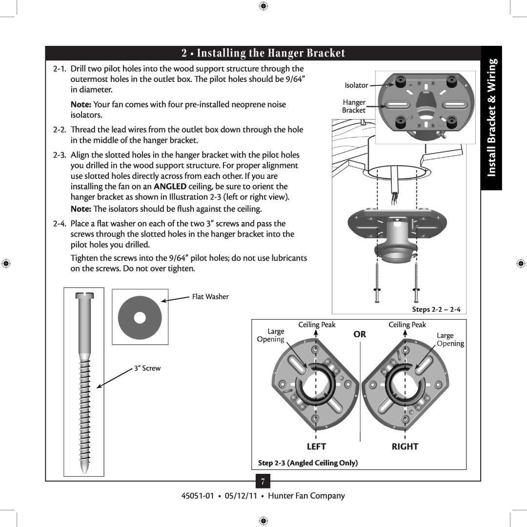 Hunter Fan 7 installation manual Installing the Hanger Bracket, Install Bracket & Wiring, Leftright 