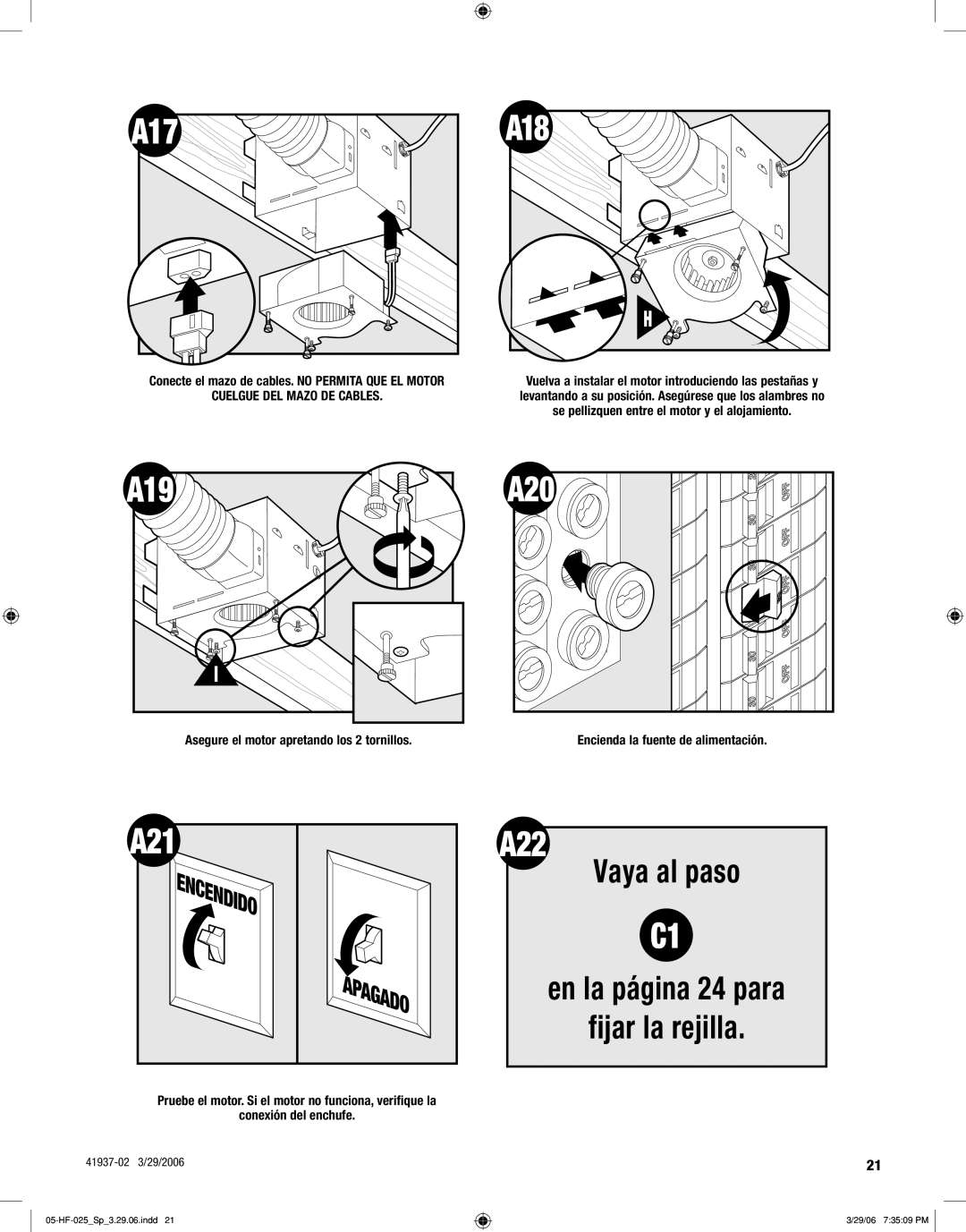 Hunter Fan 81001, 81003 manual A21, Vaya al paso 