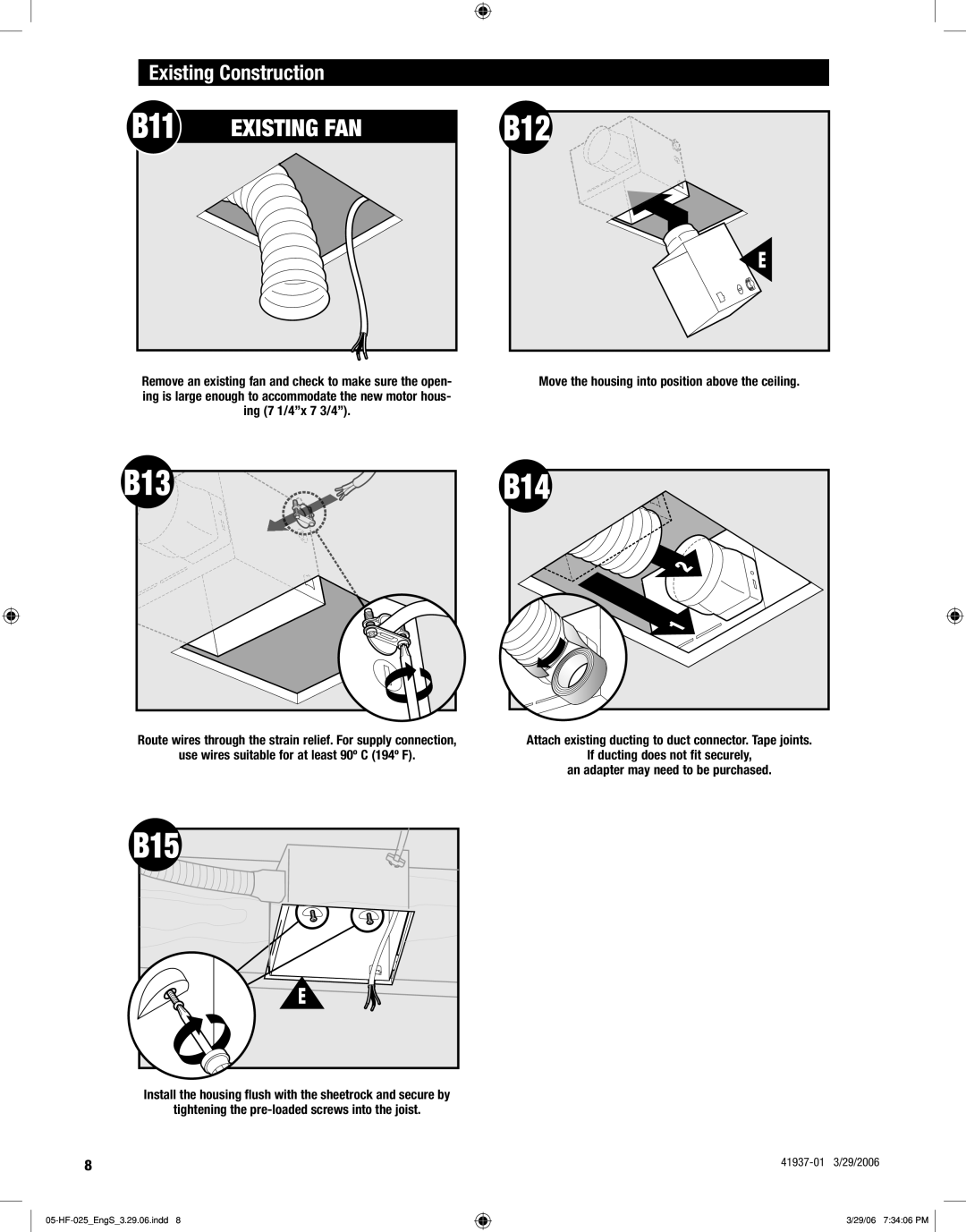 Hunter Fan 81003, 81001 manual B11, B12, B13, B15, Existing Construction 