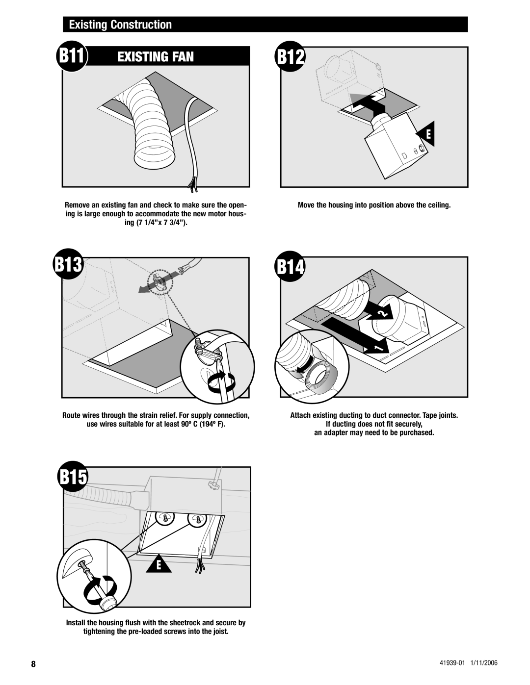 Hunter Fan 81003 manual B11, B12, B13, B15, Existing Construction 