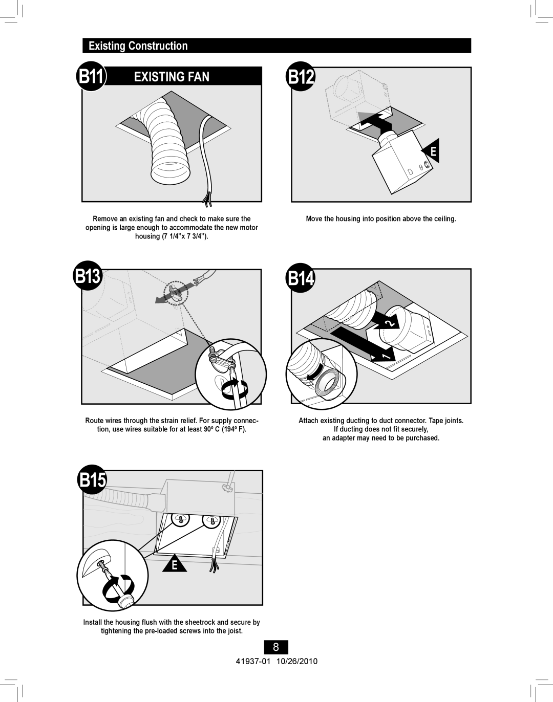 Hunter Fan 81003 manual B11, B12, B13 B14, B15, Existing Construction 