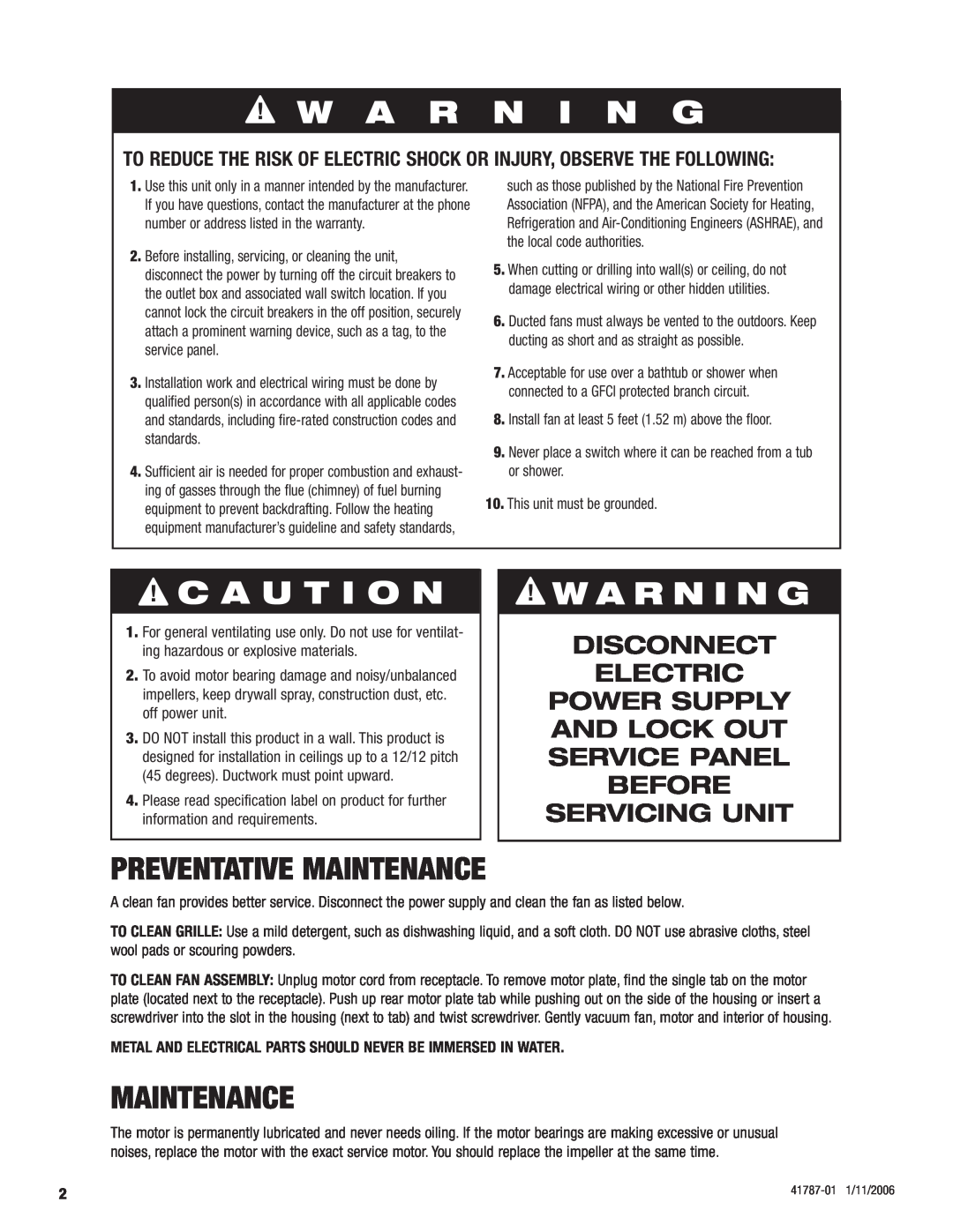 Hunter Fan 81004 manual W a r n i n g, C A U T I O N, Preventative Maintenance, Disconnect Electric 