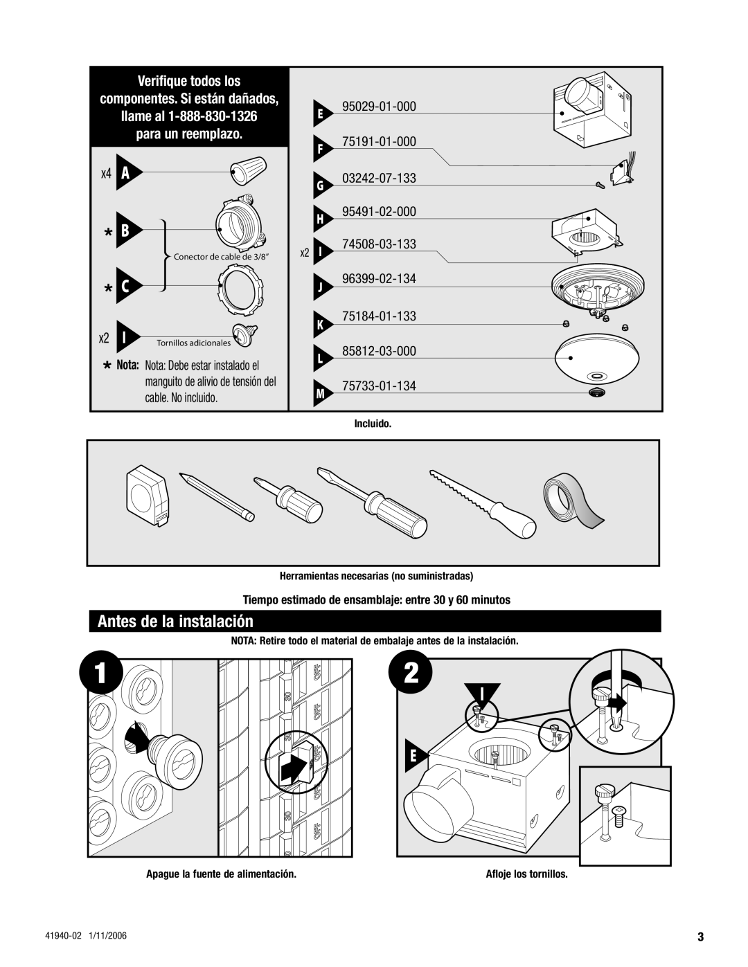 Hunter Fan 81005 manual Antes de la instalación, Llame al Para un reemplazo 