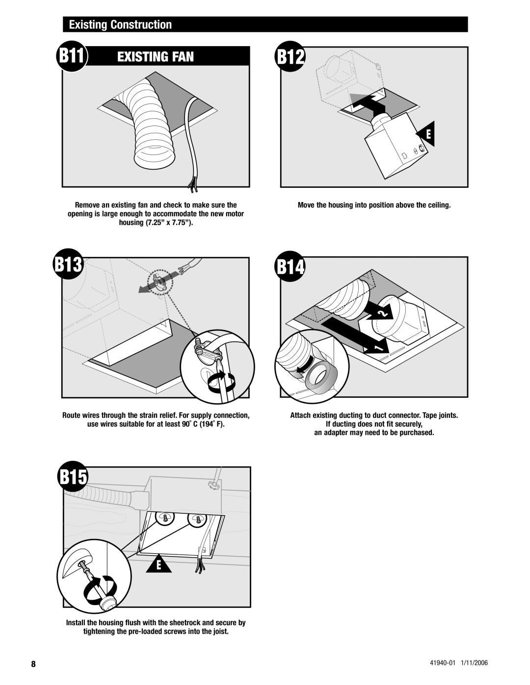 Hunter Fan 81005 manual B11, B12, B13, B15, Existing Construction 