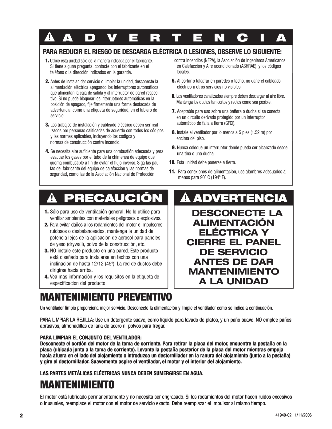 Hunter Fan 81005 manual A D V E R T E N C I A, Precaución, Advertencia, Mantenimiento preventivo 