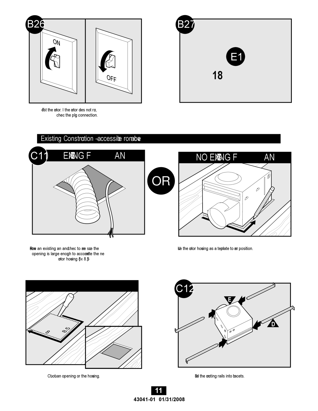 Hunter Fan 43041-01, 81021 manual B26 B27, C12, Existing Construction accessible from above 