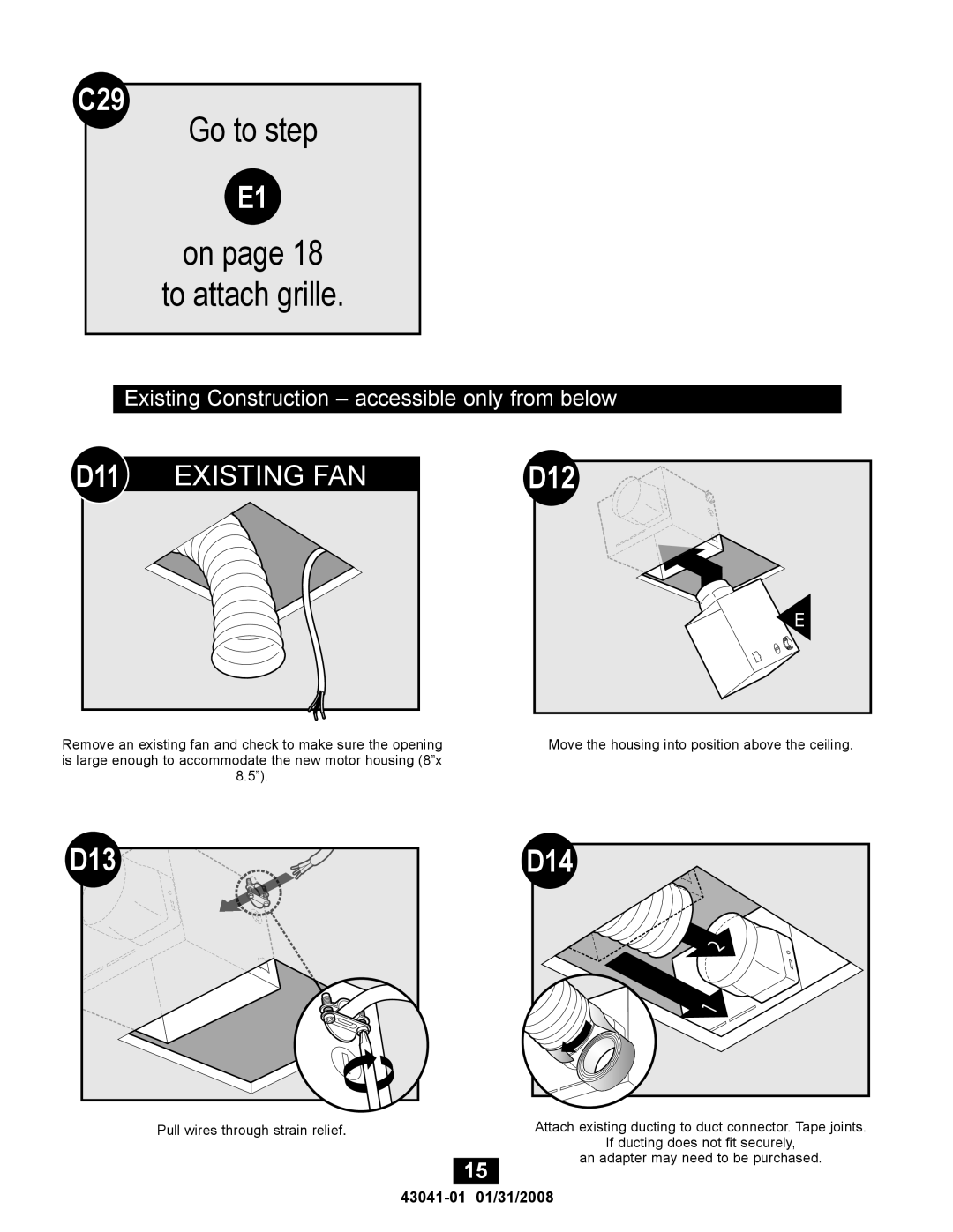 Hunter Fan 43041-01, 81021 manual C29, D12, D13, D14, Existing Construction accessible only from below 