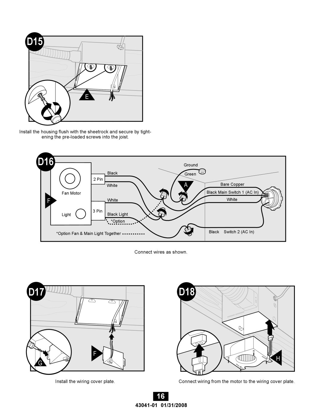 Hunter Fan 81021, 43041-01 manual D15, D16, D17, D18 