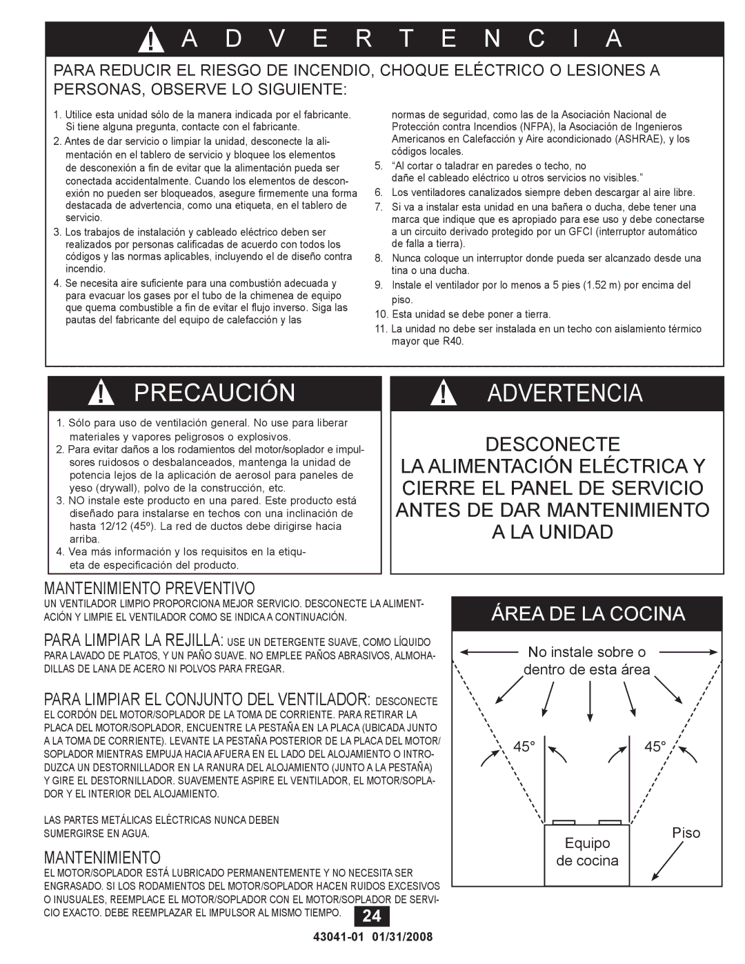 Hunter Fan 81021, 43041-01 manual Precaución 