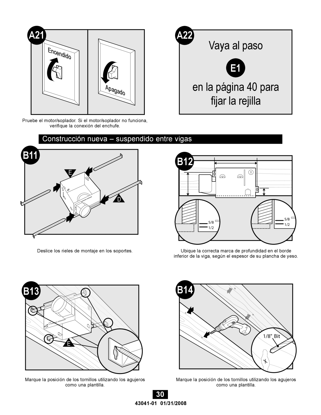 Hunter Fan 81021, 43041-01 manual A21, Construcción nueva suspendido entre vigas 