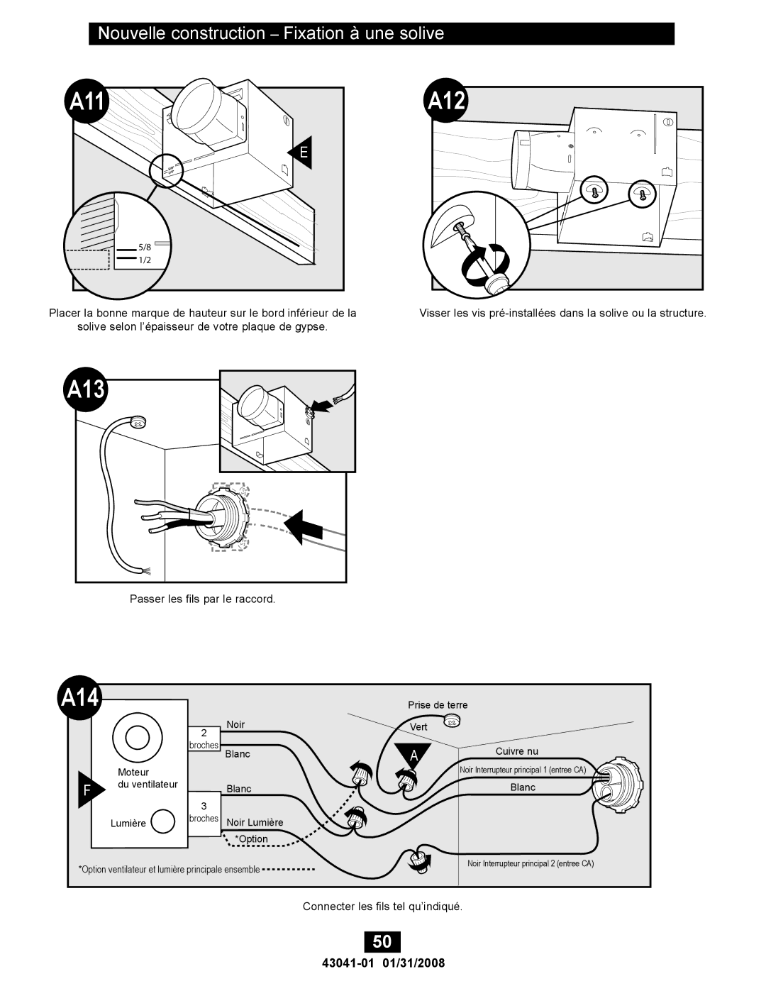 Hunter Fan 81021, 43041-01 manual A12, Nouvelle construction Fixation à une solive 