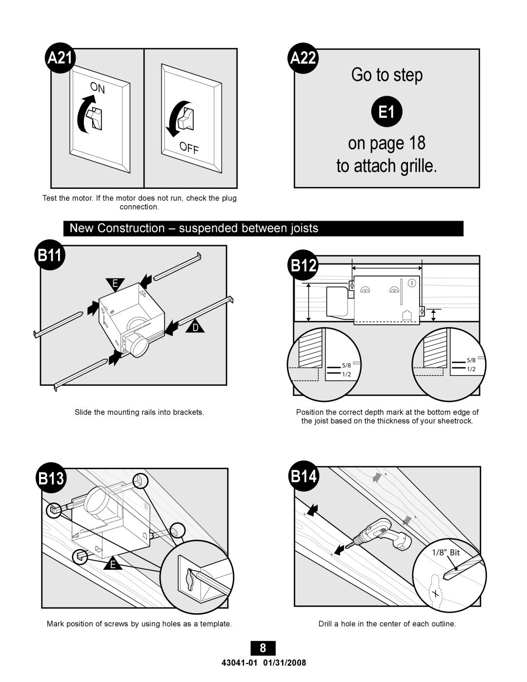 Hunter Fan 81021, 43041-01 manual A21 A22, B11, B12, B13 B14, New Construction suspended between joists 