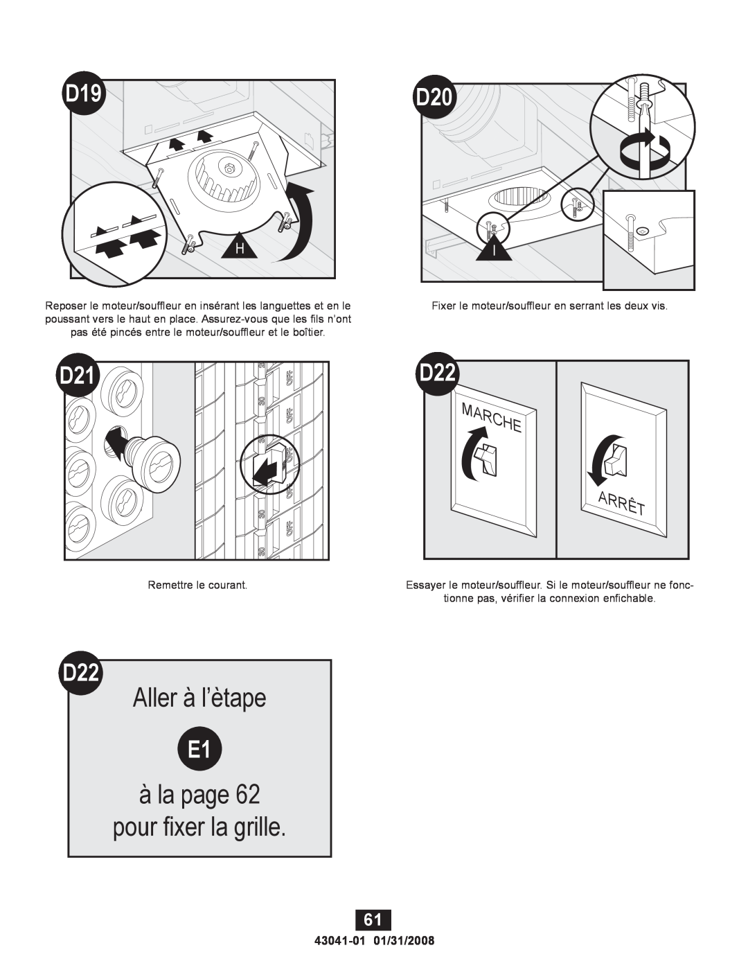 Hunter Fan 81021 manual Aller à l’ètape, à la page 62 pour fixer la grille, Arrêt, 43041-01 01/31/2008 