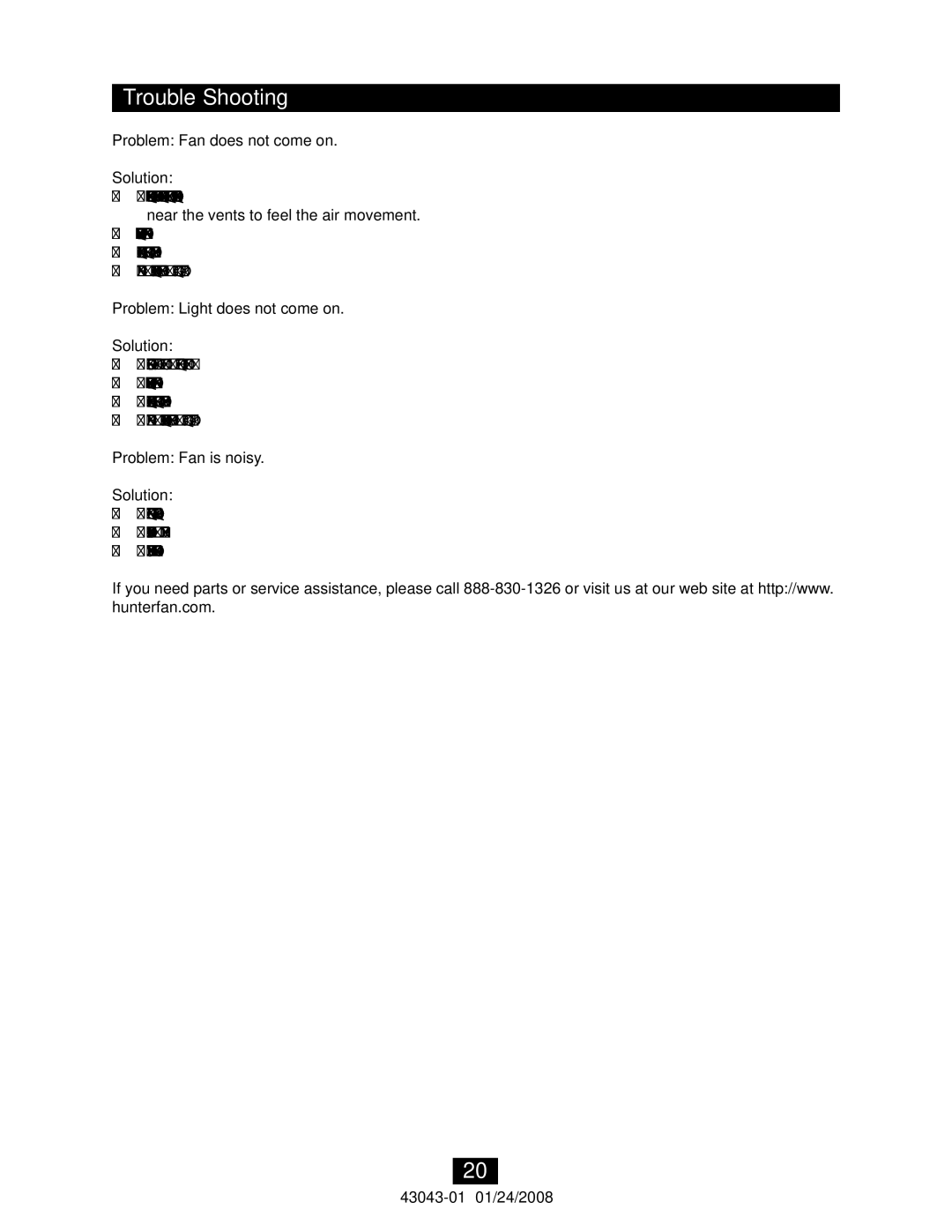 Hunter Fan 81030 manual Trouble Shooting 