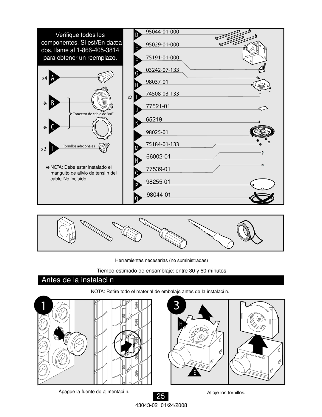 Hunter Fan 81030 manual Antes de la instalación, Verifique todos los 