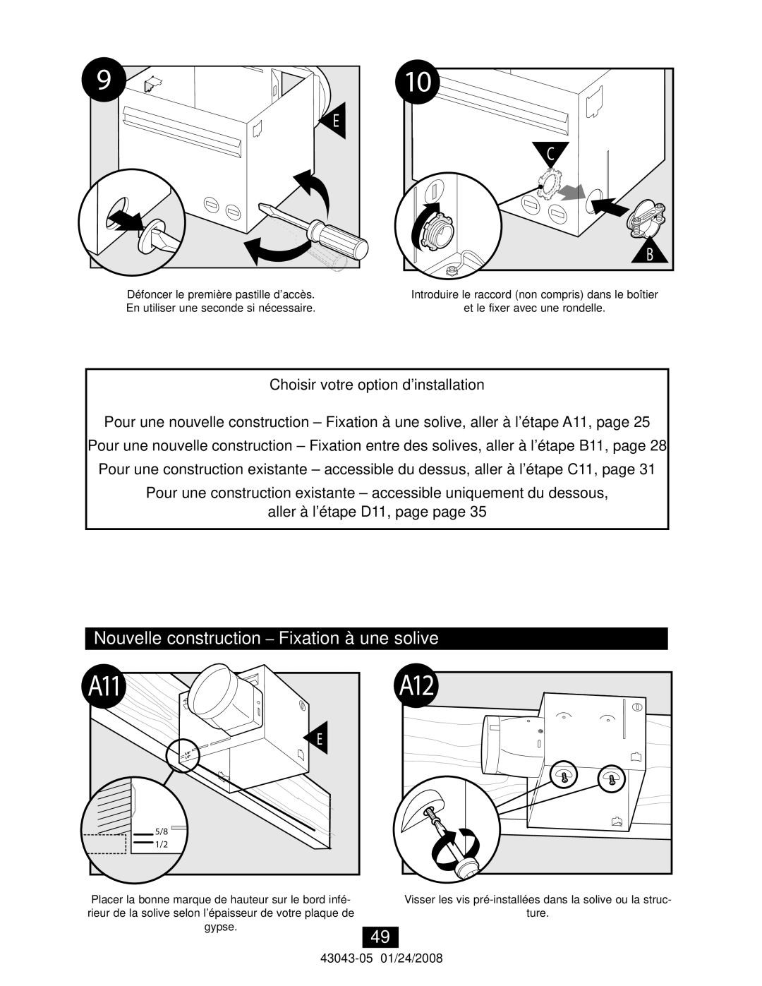 Hunter Fan 81030 manual Nouvelle construction Fixation à une solive 