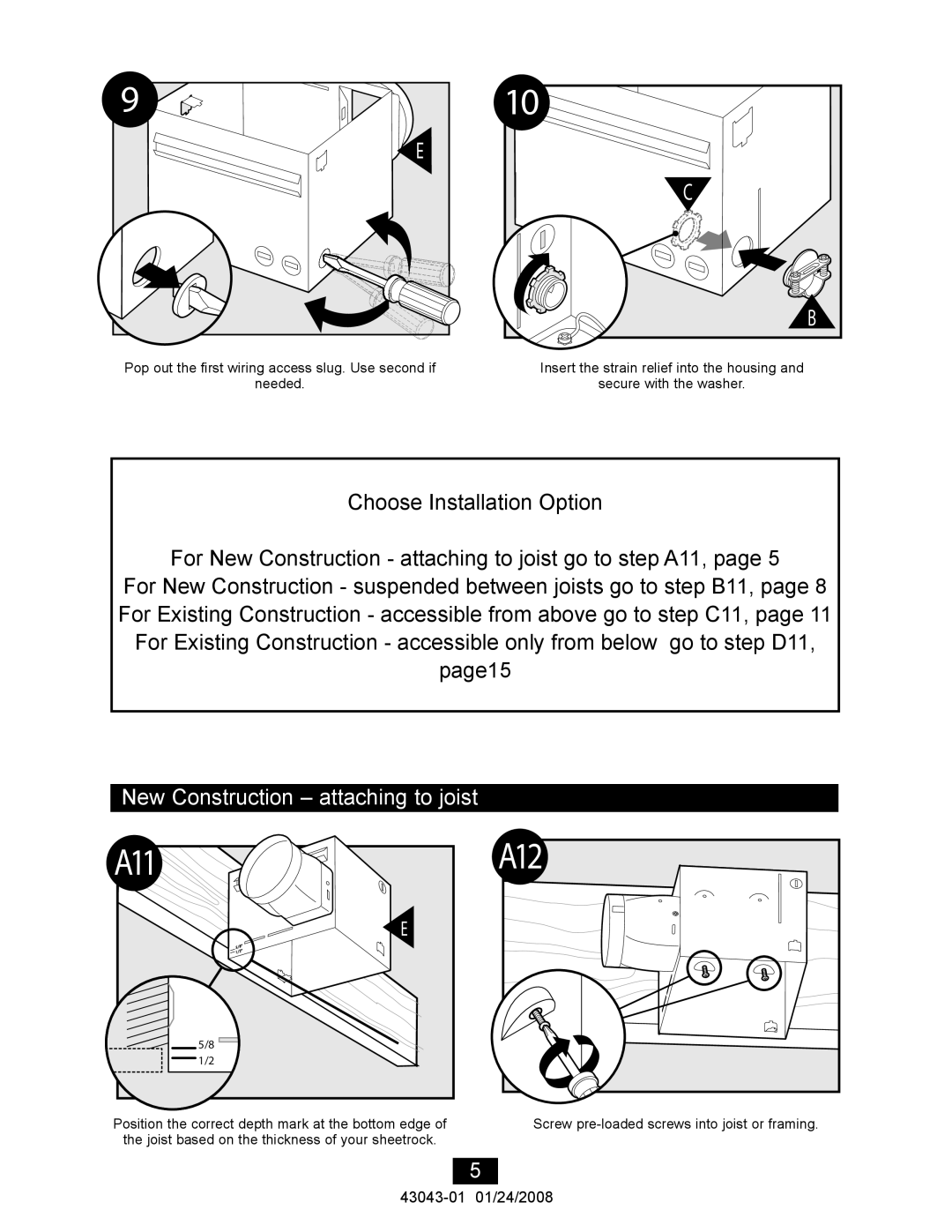 Hunter Fan 81030 manual A11, New Construction attaching to joist 