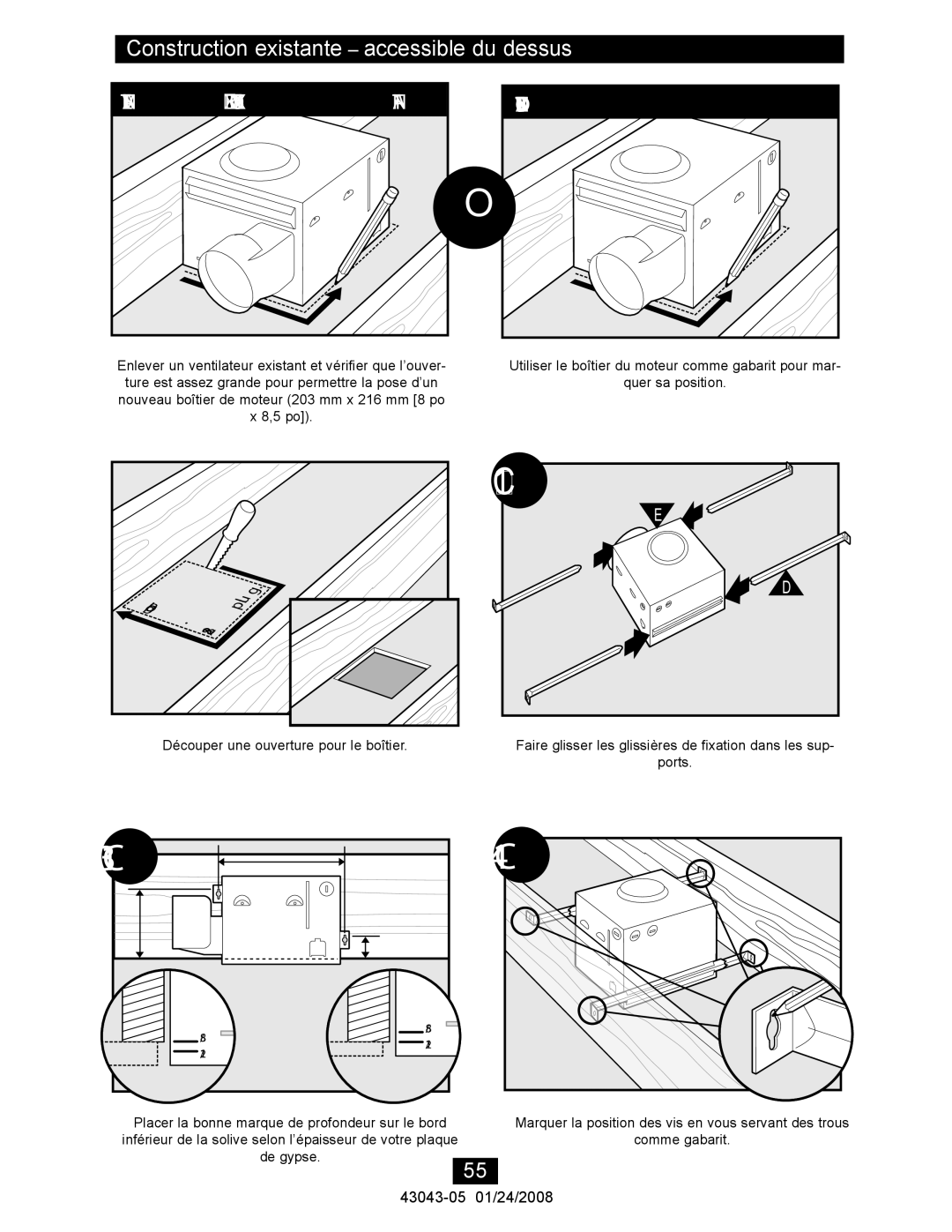 Hunter Fan 81030 manual Construction existante accessible du dessus, Ventilateur NON Existant SIN Ventilador Existente 