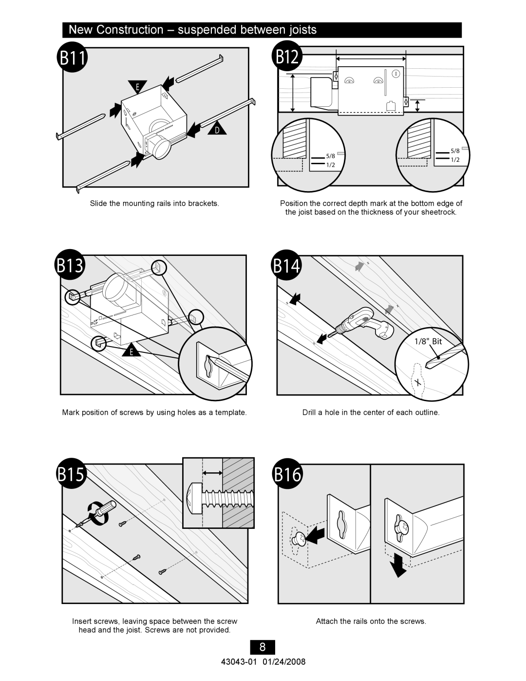 Hunter Fan 81030 manual B11, B12, B13, B15, New Construction suspended between joists 