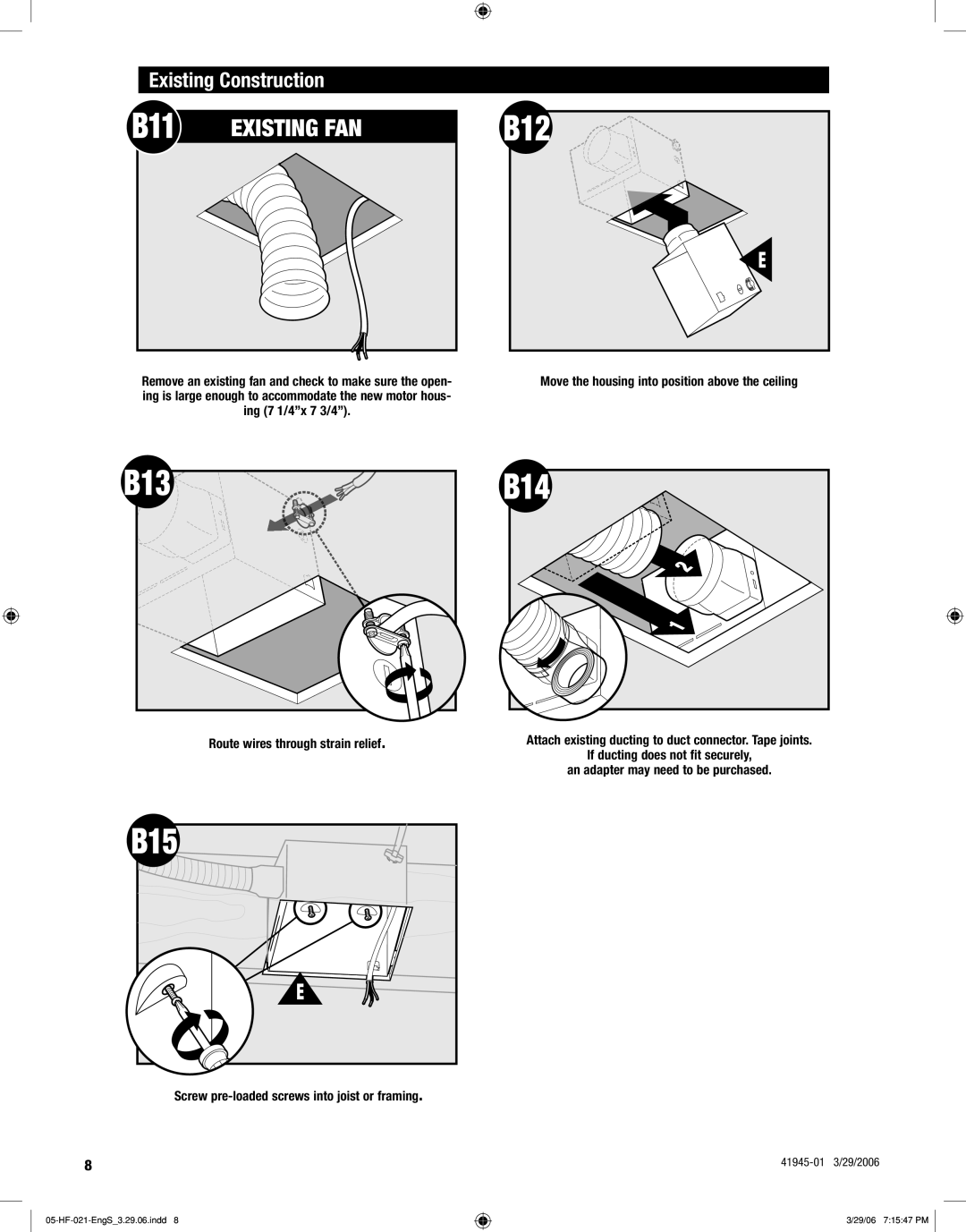 Hunter Fan 82003 manual B11, B12, B13, B15, Existing Construction 