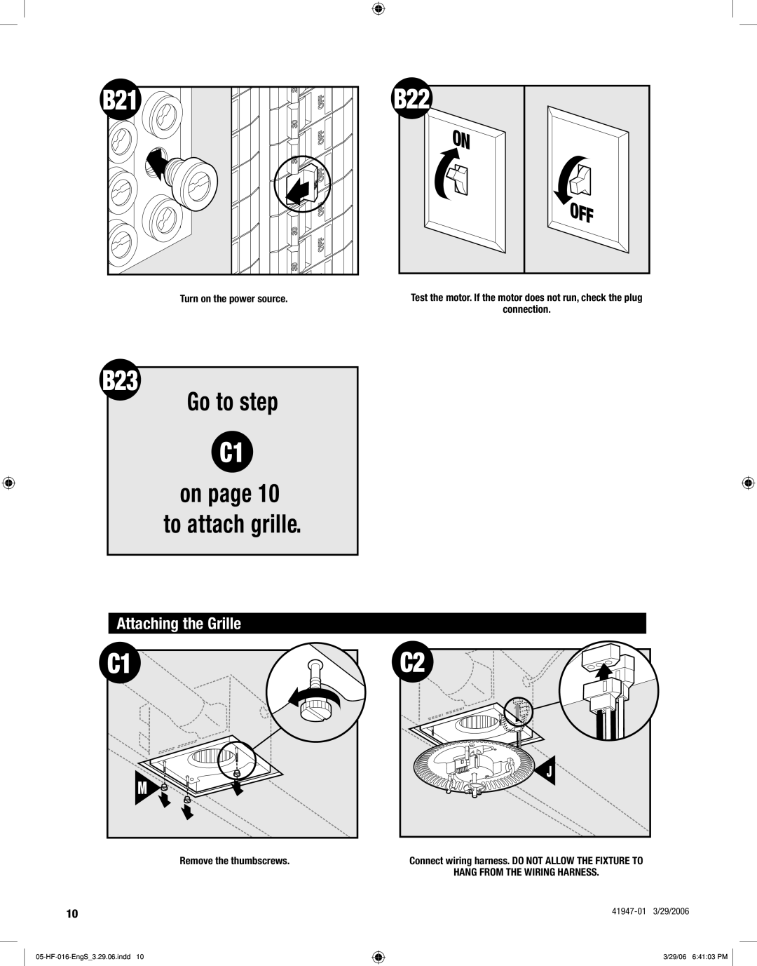 Hunter Fan 82006 manual B22, B23, Attaching the Grille 